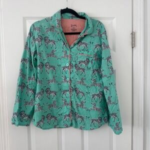 Nick & Nora Womens Pajama Top Zebra Print Button Up Sleepwear Teal M Novelty Fun